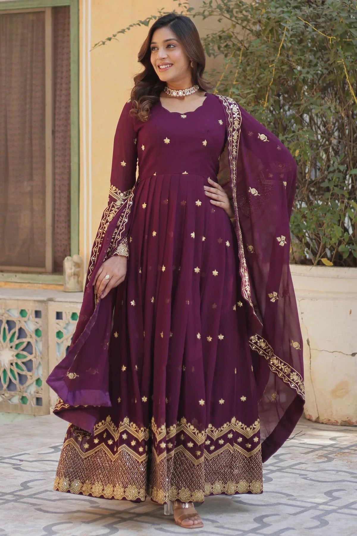 Wine Faux Georgette Stitched Gown NCGW11111357