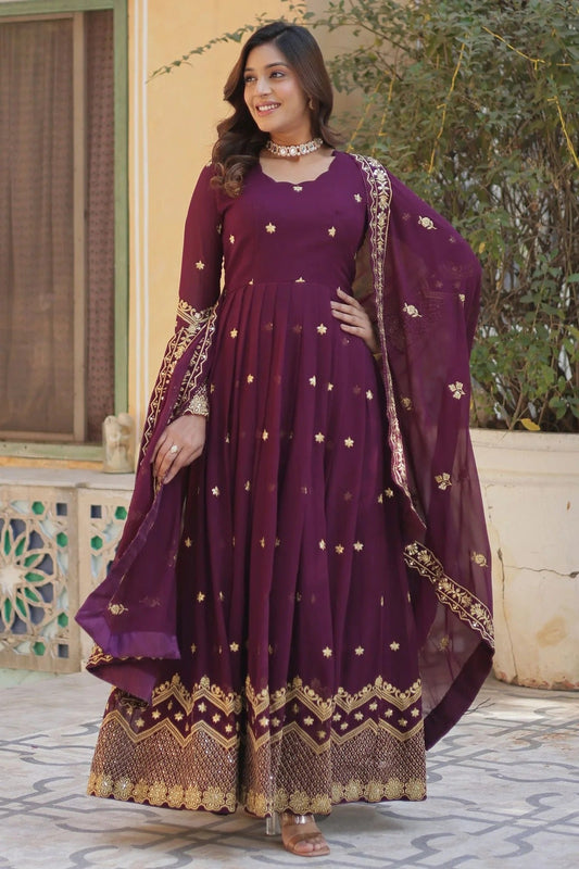 Wine Faux Georgette Stitched Gown NCGW11111357