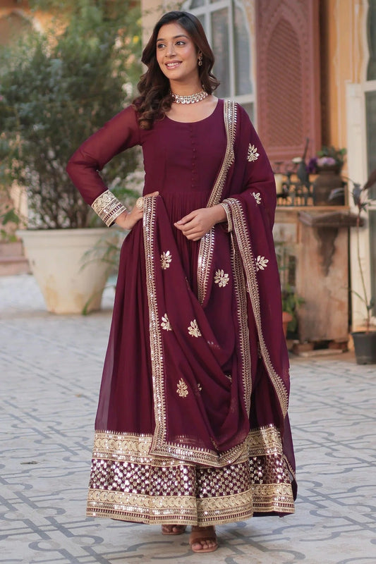 Wine Faux Georgette Stitched Gown NCGW11111361