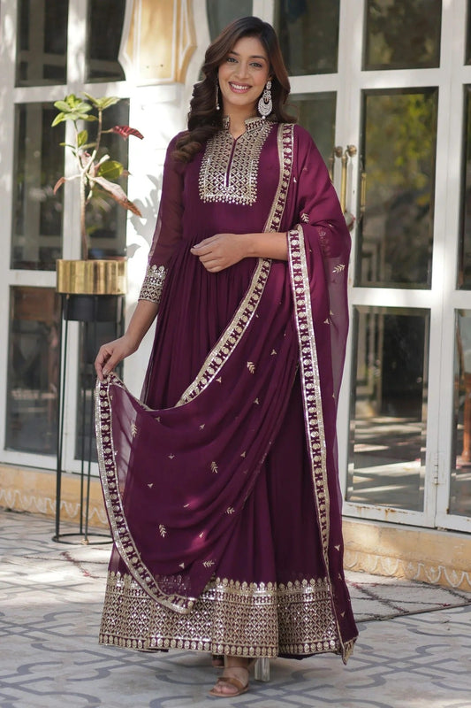Wine Faux Georgette Stitched Gown NCGW11111367