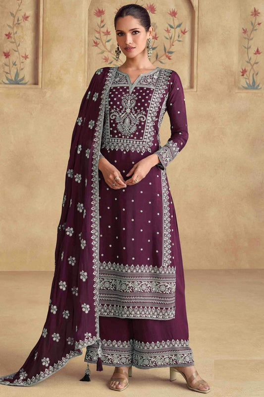 Wine Georgette Palazzo Pant Suit NCSM11110888
