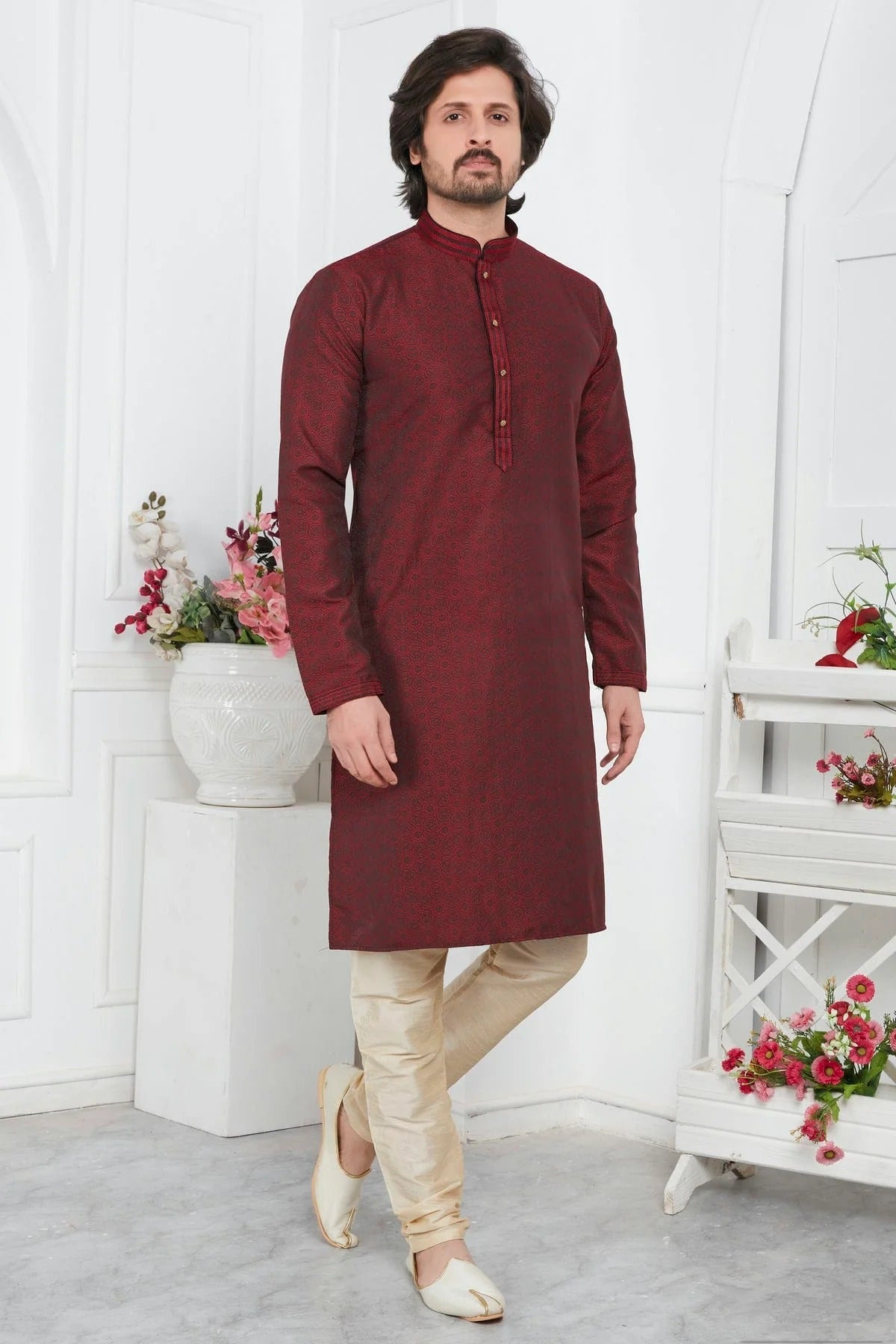 Wine Jacquard Silk Brocade Kurta Pajama NCKP12310154
