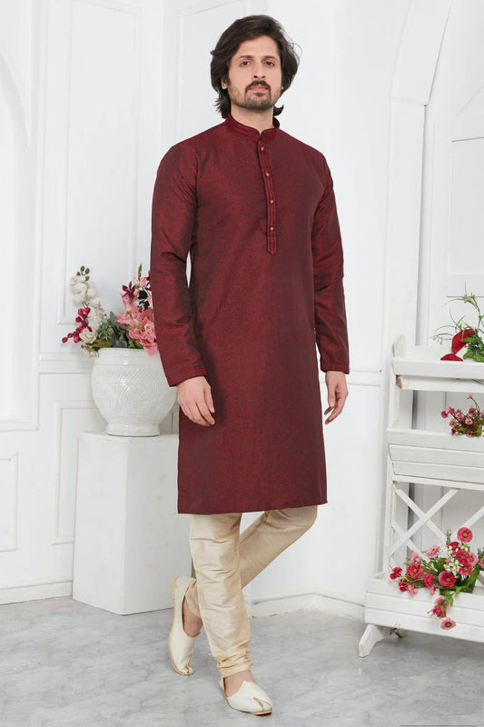 Wine Jacquard Silk Brocade Kurta Pajama NCKP12310154
