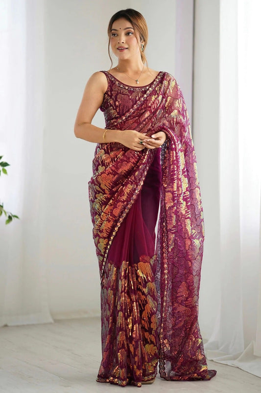 Wine Mono Net Designer Saree NCSD11111699