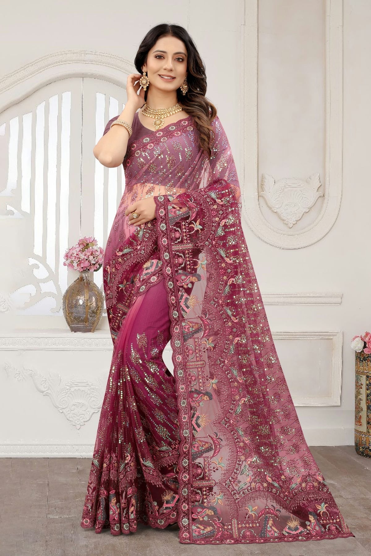 Wine Net Designer Saree NCLC11210448