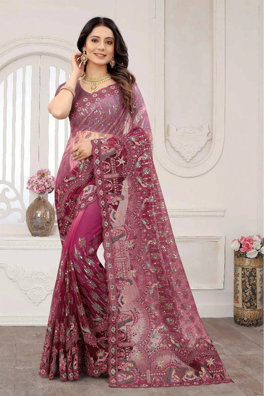 Wine Net Embroidery Saree NCSD11210850