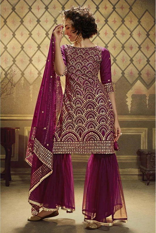 Wine Net Sequins Sharara Suit NCSM10810359