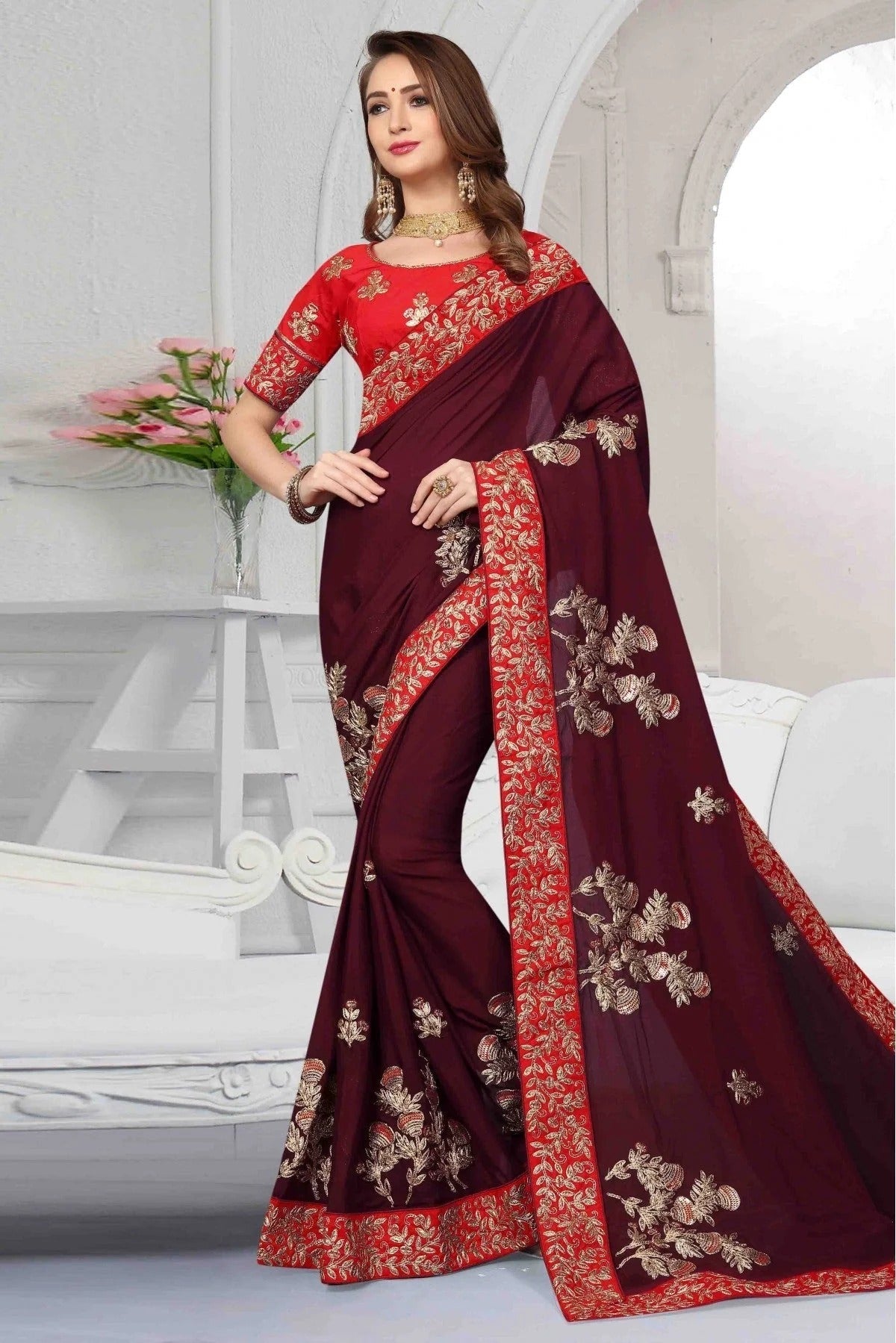 Wine Pure Satin Designer Saree NCSD11210618