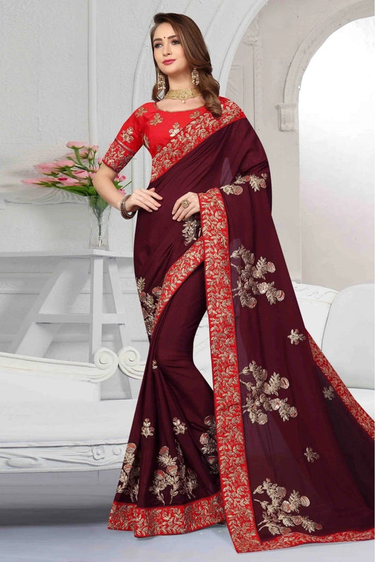 Wine Pure Satin Designer Saree NCSD11210618