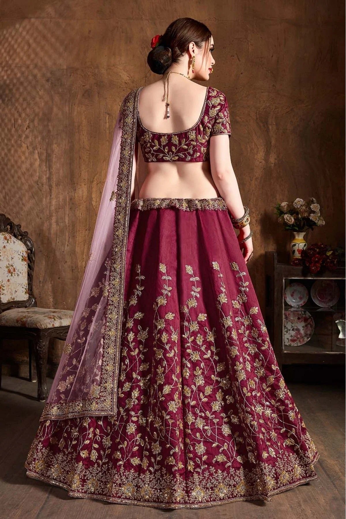Wine Raw Silk Lehenga Choli NCLC10110297