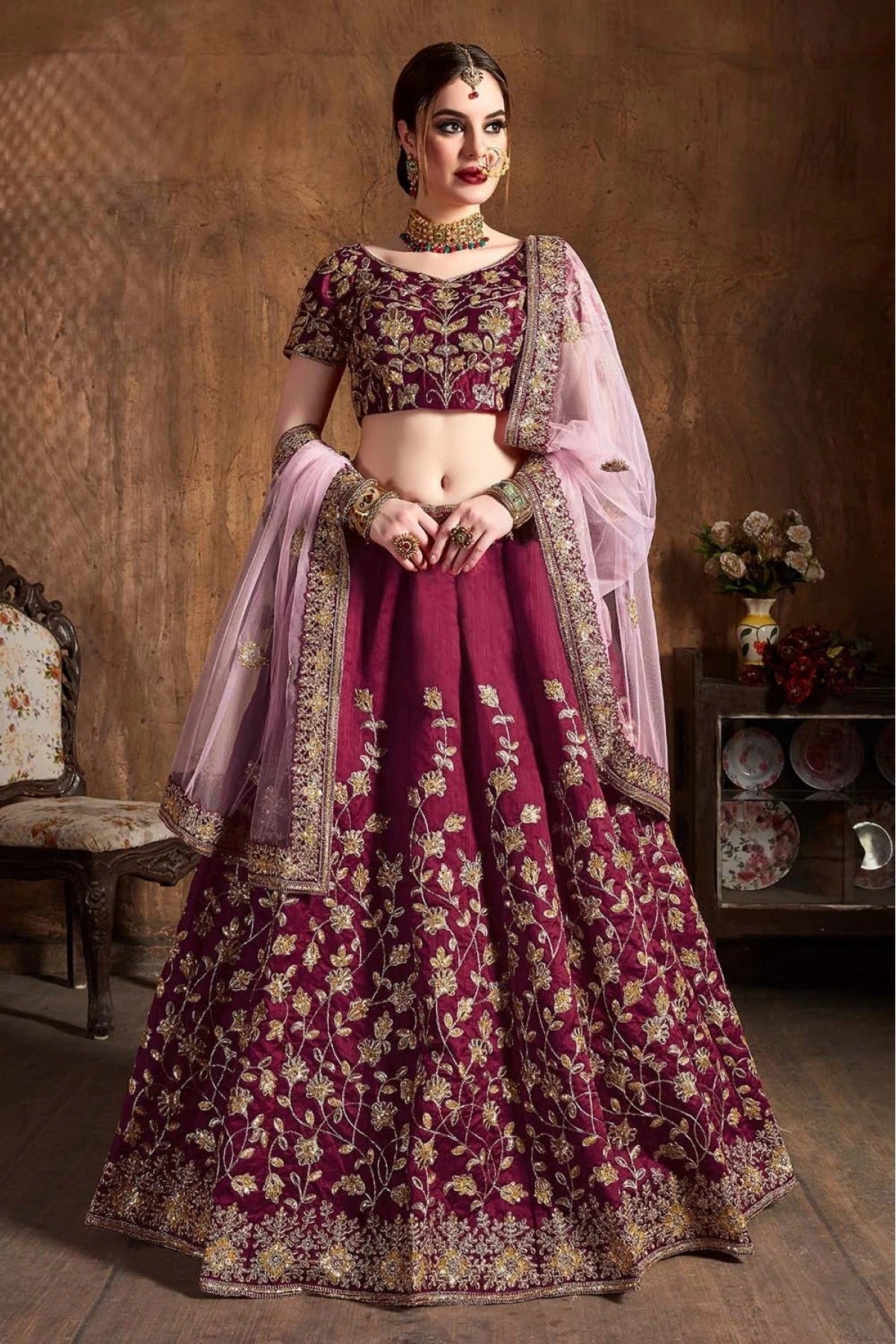 Wine Raw Silk Lehenga Choli NCLC10110297