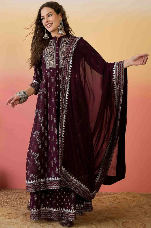 Wine Roman Silk Stitched Palazzo Pant Suit NCSS11110157