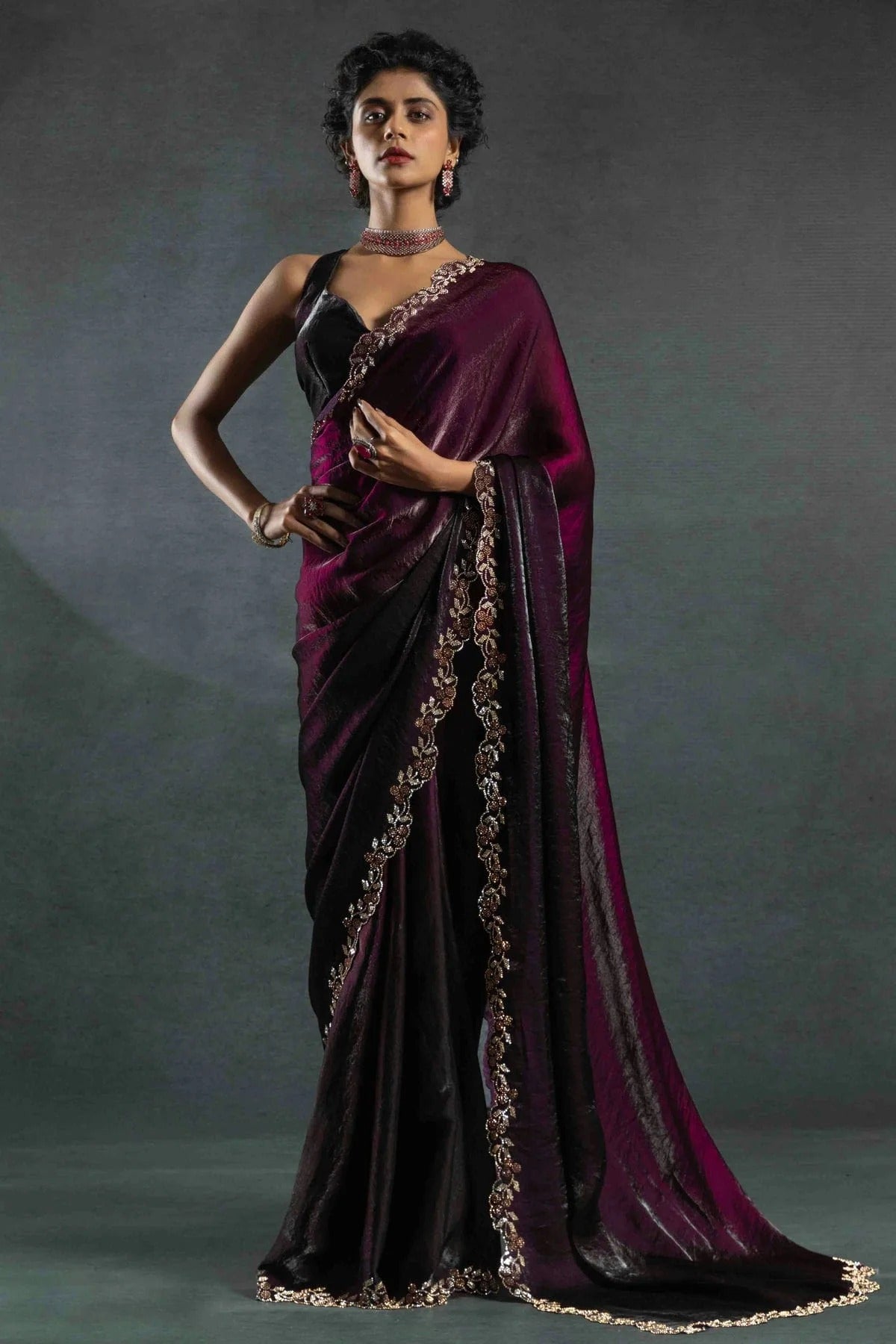 Wine Satin Silk Designer Saree NCSD11210158