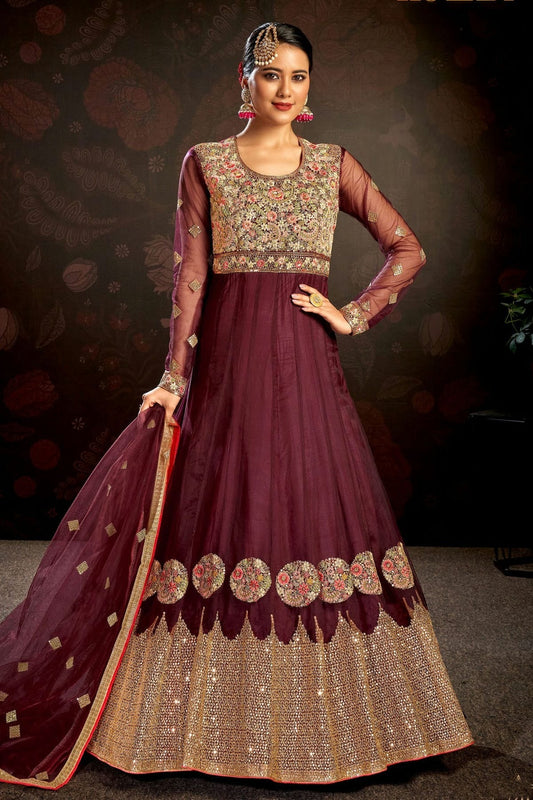Wine Semi Stitched Butterfly Net Anarkali Suit NCSM11410537