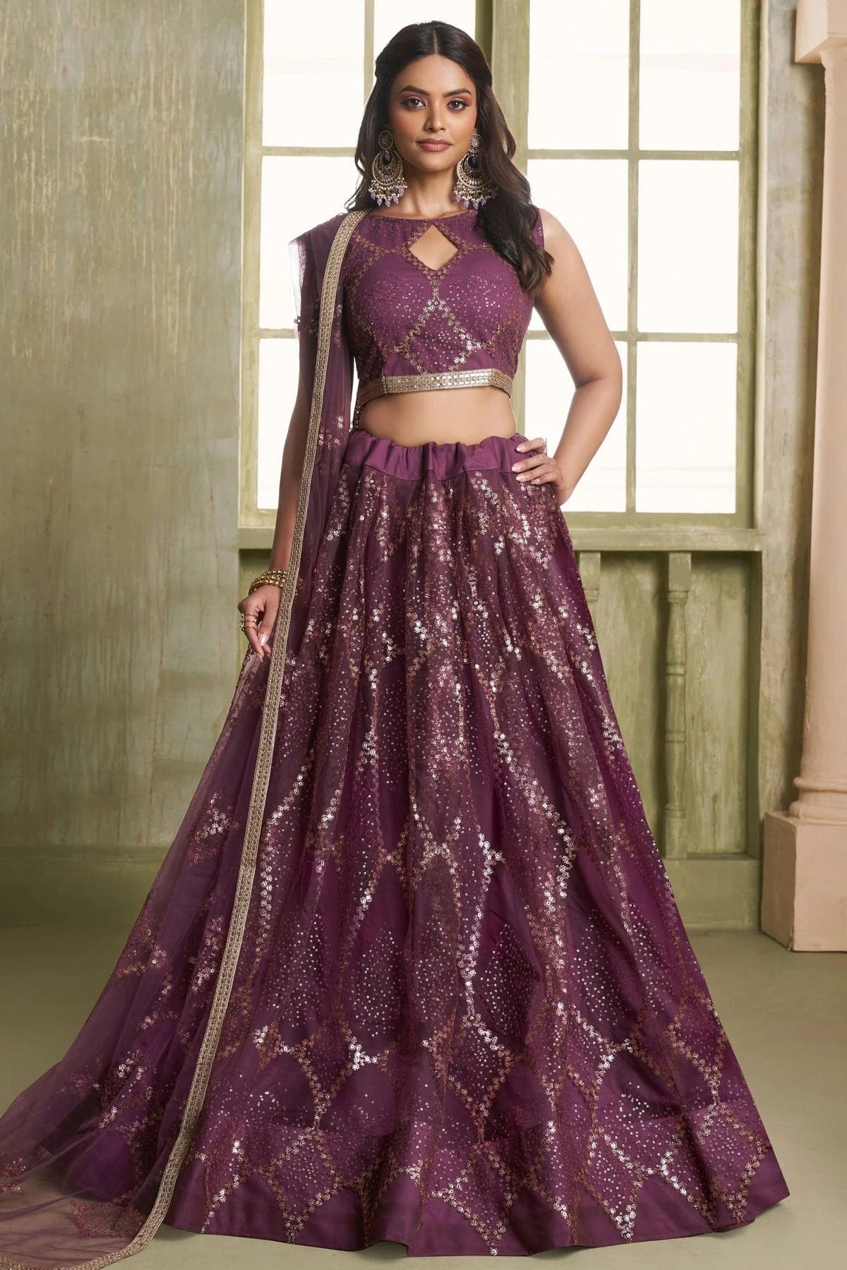 Wine Semi Stitched Butterfly Net Lehenga Choli NCLC11111250