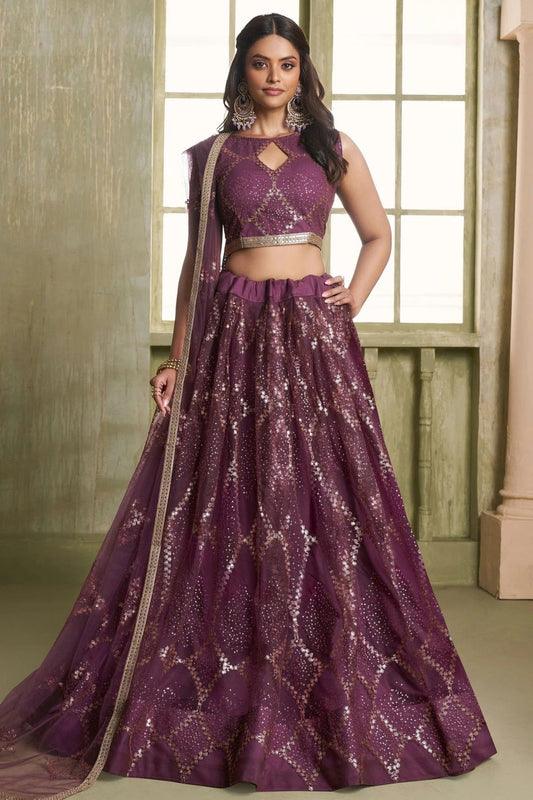 Wine Semi Stitched Butterfly Net Lehenga Choli NCLC11111250