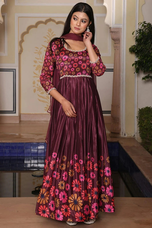 Wine Semi Stitched Chinon Silk Anarkali Suit NCSM11710161