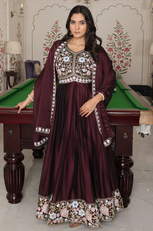 Wine Semi Stitched Rangoli Silk Anarkali Suit NCSM11710167