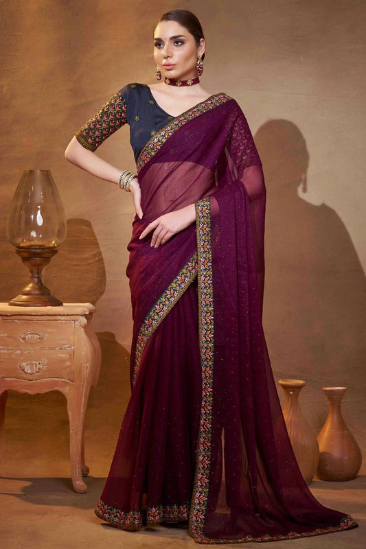 Wine Shimmer Chiffon Designer Saree NCSD11110824