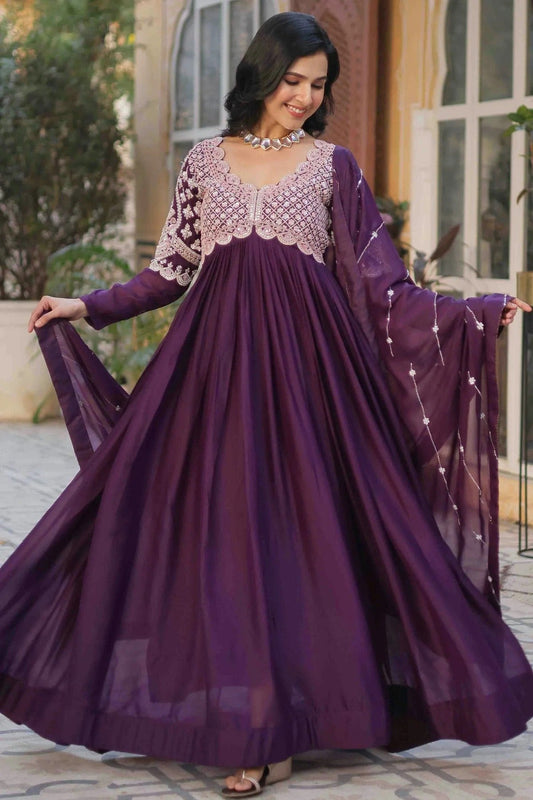 Wine Stitched Georgette Gown NCGW11110999