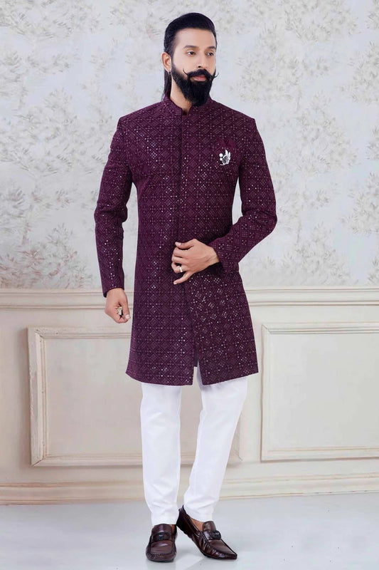Wine Velvet Indo Western Sherwani NCSH11310199