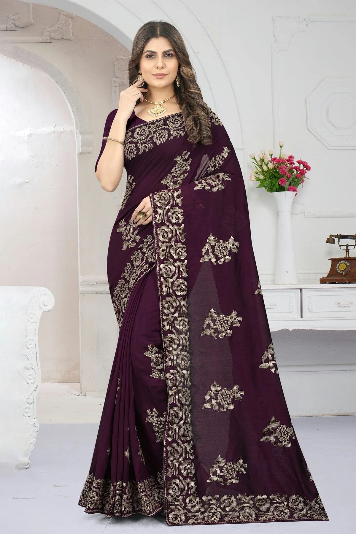 Wine Vichitra Silk Designer Saree NCLC11210432