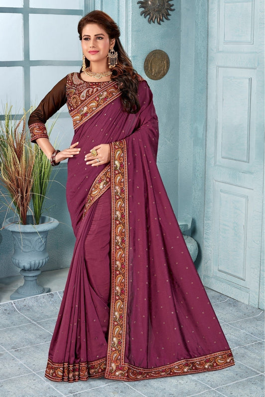 Wine Vichitra Silk Embroidery Saree NCSD11210813