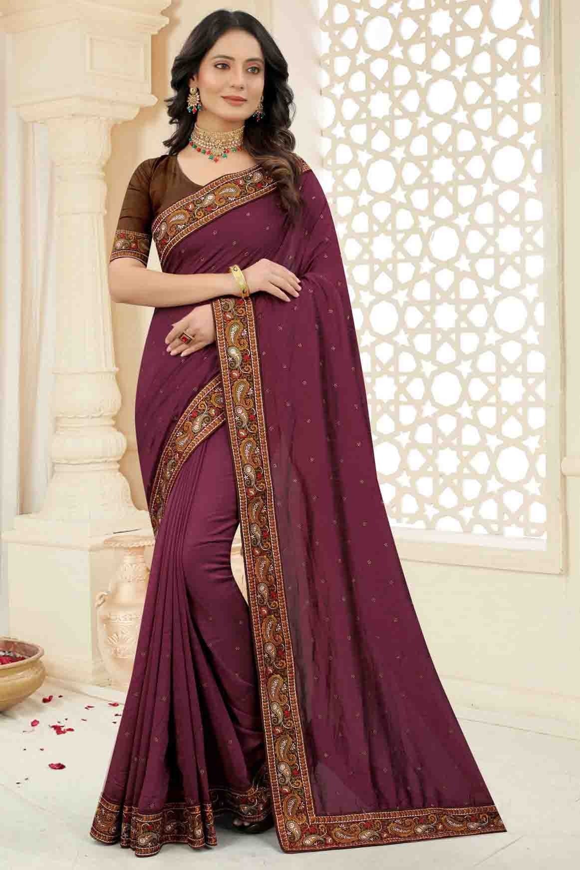 Wine Vichitra Silk Embroidery Saree NCSD11210874