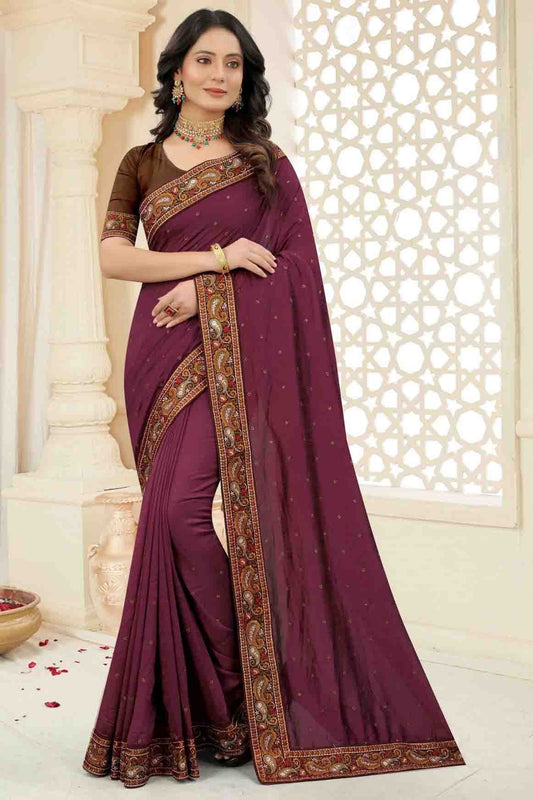 Wine Vichitra Silk Embroidery Saree NCSD11210874