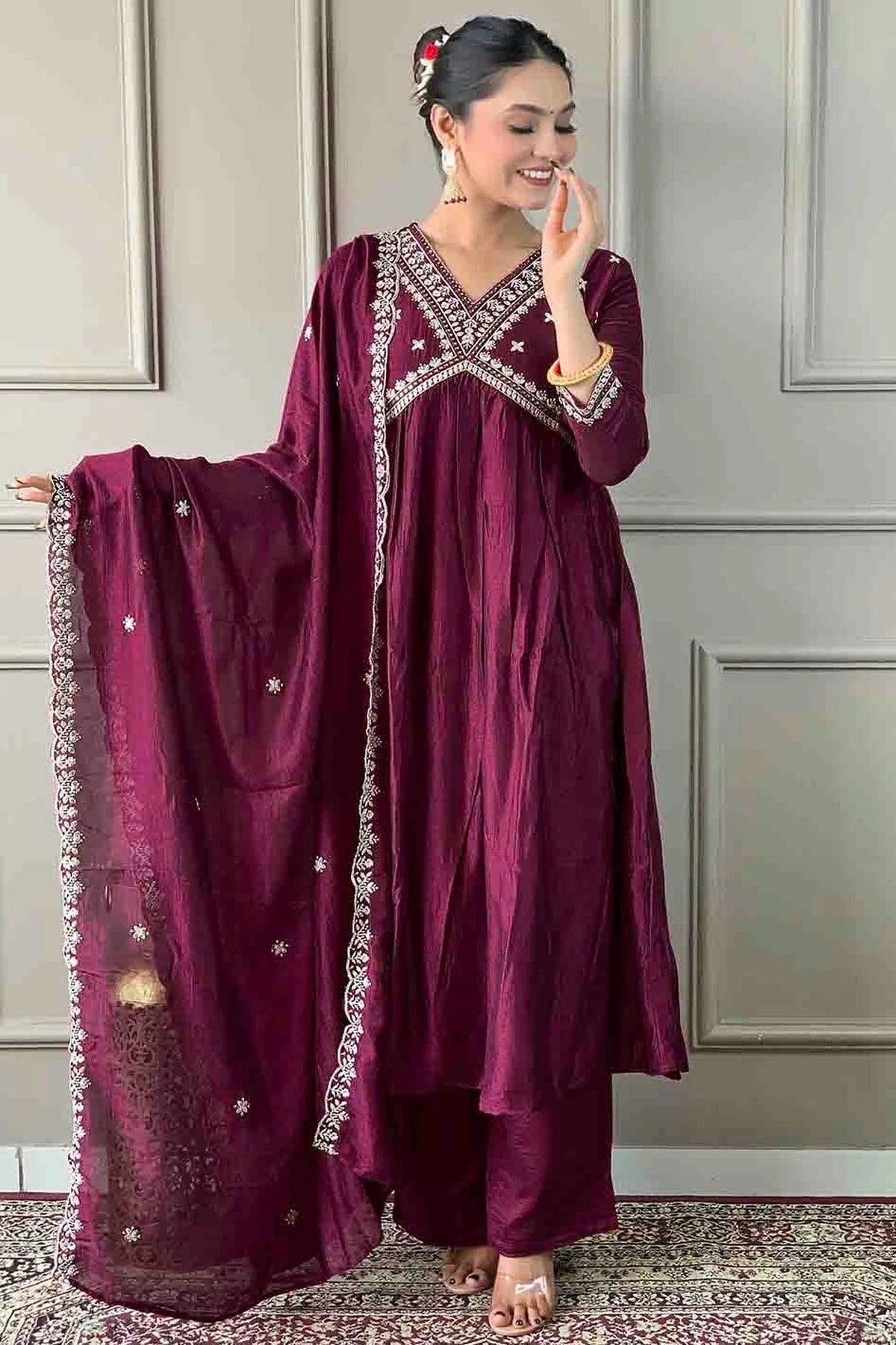 Wine Vichitra Silk Stitched Pant Style Suit NCSS11110225