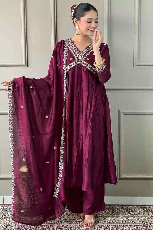 Wine Vichitra Silk Stitched Pant Style Suit NCSS11110225