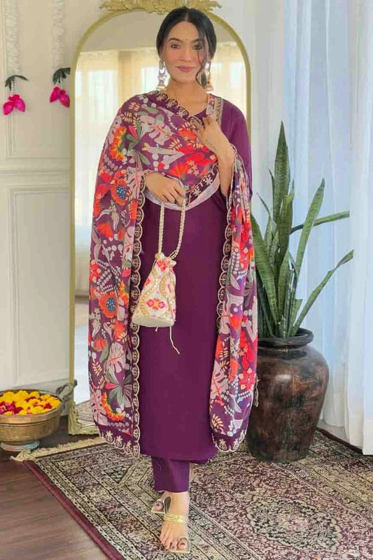 Wine Viscose Chanderi Embroidery Pant Style Suit NCSS11110316