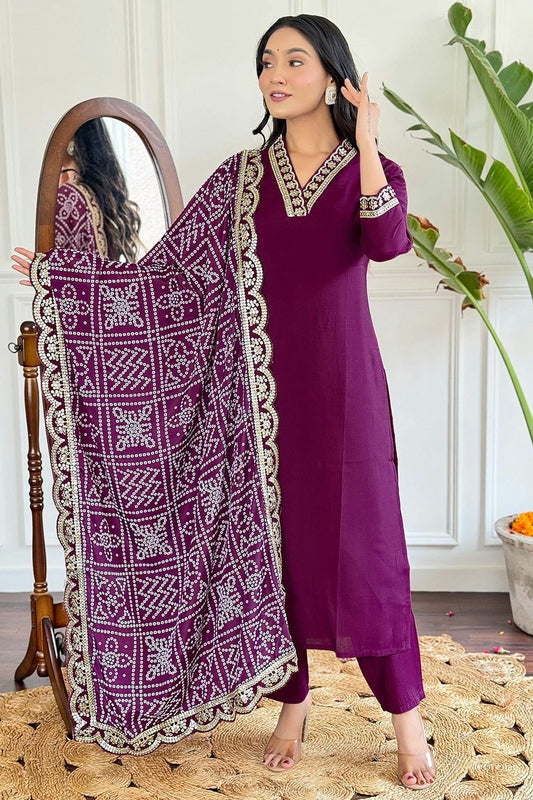 Wine Viscose Chanderi Stitched Salwar Suit NCSS11111921