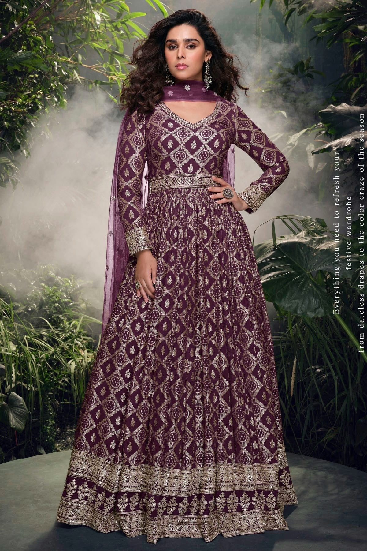 Wine Viscose Jacquard Silk Gown NCSM11410389