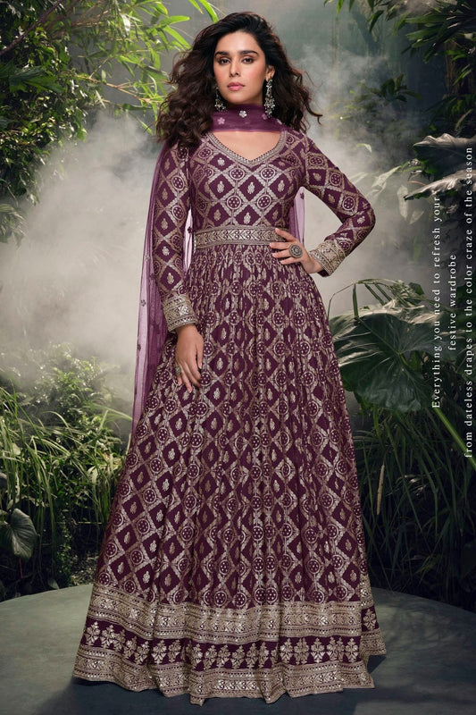 Wine Viscose Jacquard Silk Gown NCSM11410389