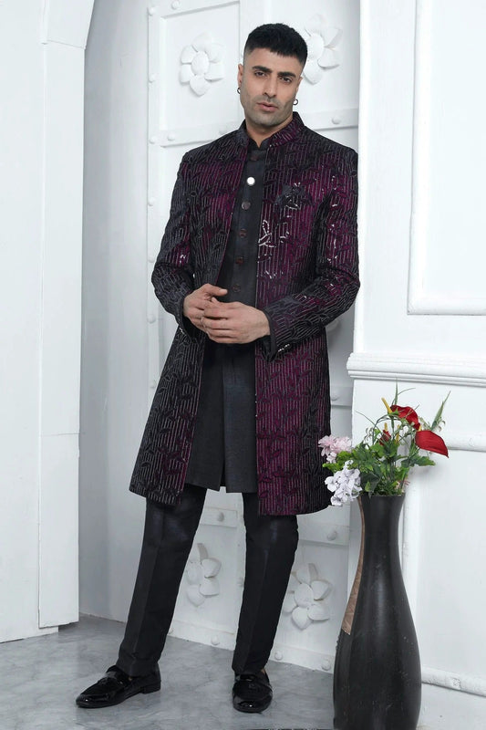 Wine and Black Velvet Silk Indowestern Sherwan With Aligadhi Pant  NCSH12310360