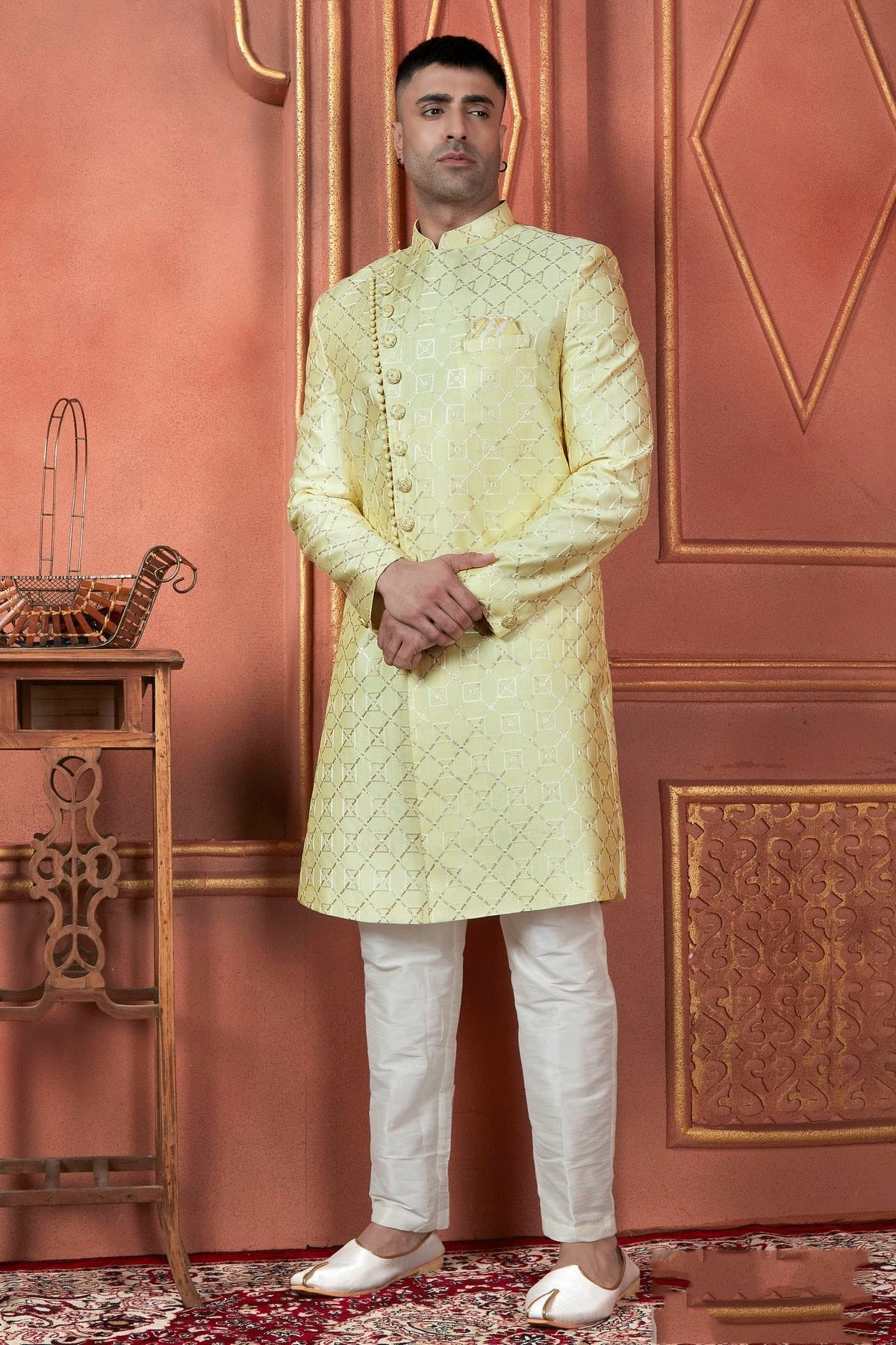 Yellow Art Silk Indowestern Sherwan With Aligadhi Pant  NCSH12310276