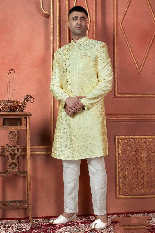 Yellow Art Silk Indowestern Sherwan With Aligadhi Pant  NCSH12310276
