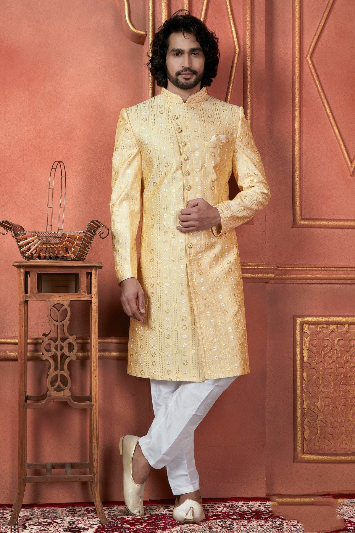 Yellow Art Silk Indowestern Sherwan With Aligadhi Pant  NCSH12310278