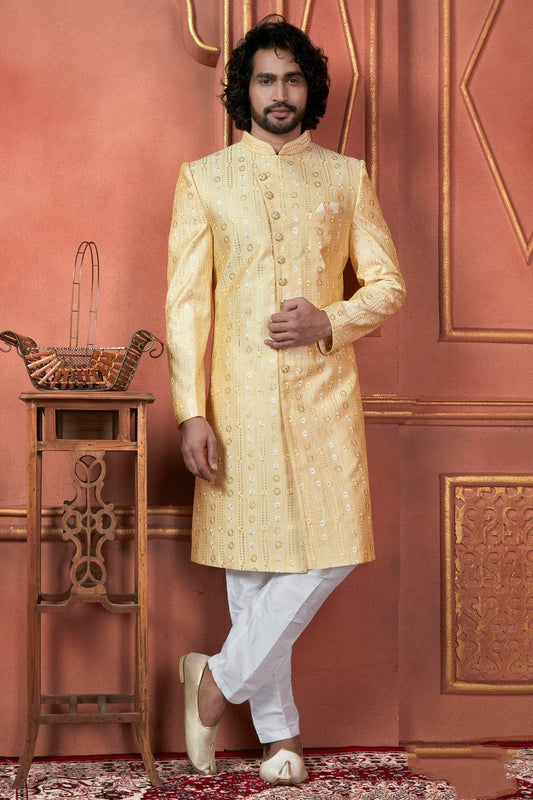 Yellow Art Silk Indowestern Sherwan With Aligadhi Pant  NCSH12310278