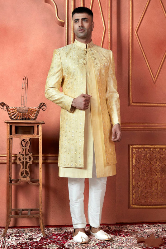 Yellow Art Silk Indowestern Sherwan With Aligadhi Pant  NCSH12310283