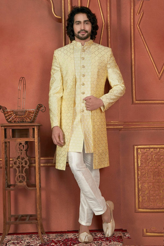 Yellow Art Silk Indowestern Sherwan With Aligadhi Pant  NCSH12310287