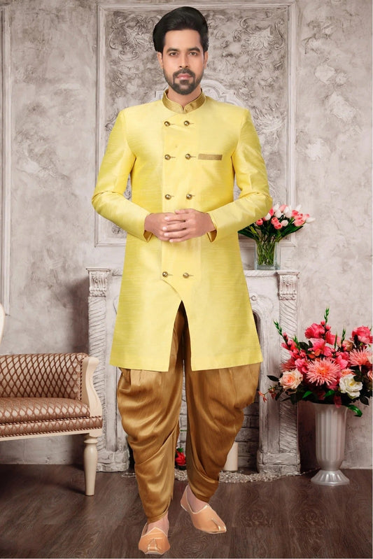 Yellow Brocade Silk Dhoti Sherwani NCSH10410394