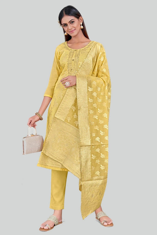 Yellow Chanderi Silk Pant Style Suit NCSM11112395