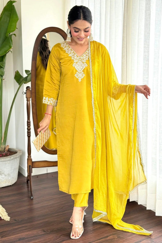 Yellow Chanderi Stitched Salwar Suit NCSS11111614