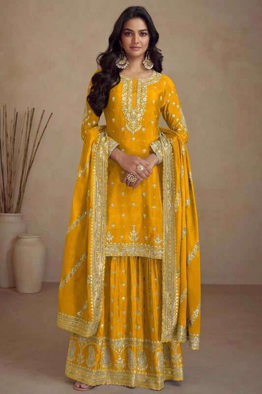 Yellow Chinon Palazzo Pant Suit NCSM11410394