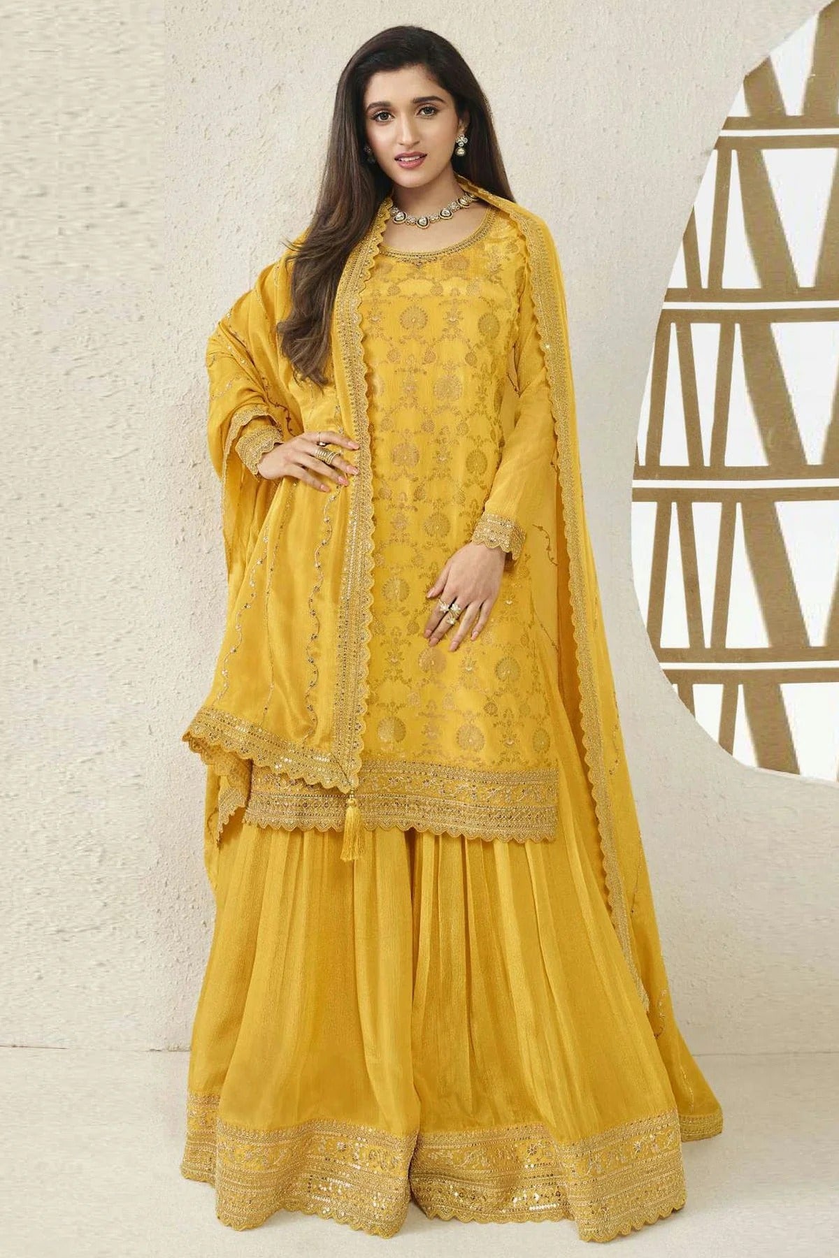 Yellow Chinon Sharara Suit NCSM11112342