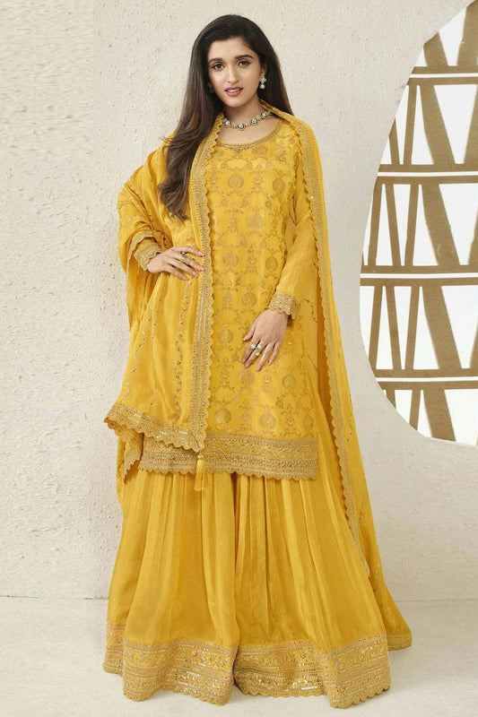 Yellow Chinon Sharara Suit NCSM11112342