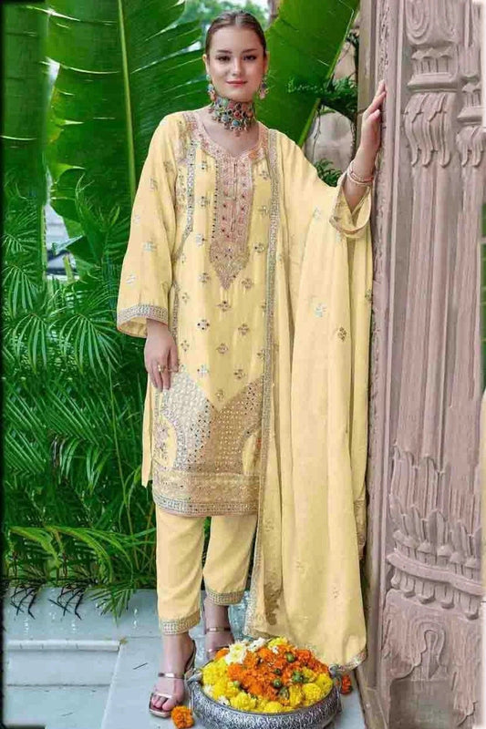 Yellow Chinon Silk Pakistani Suit NCSM11410232