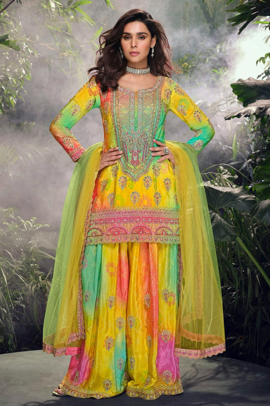 Yellow Chinon Silk Palazzo Pant Suit NCSM11410363